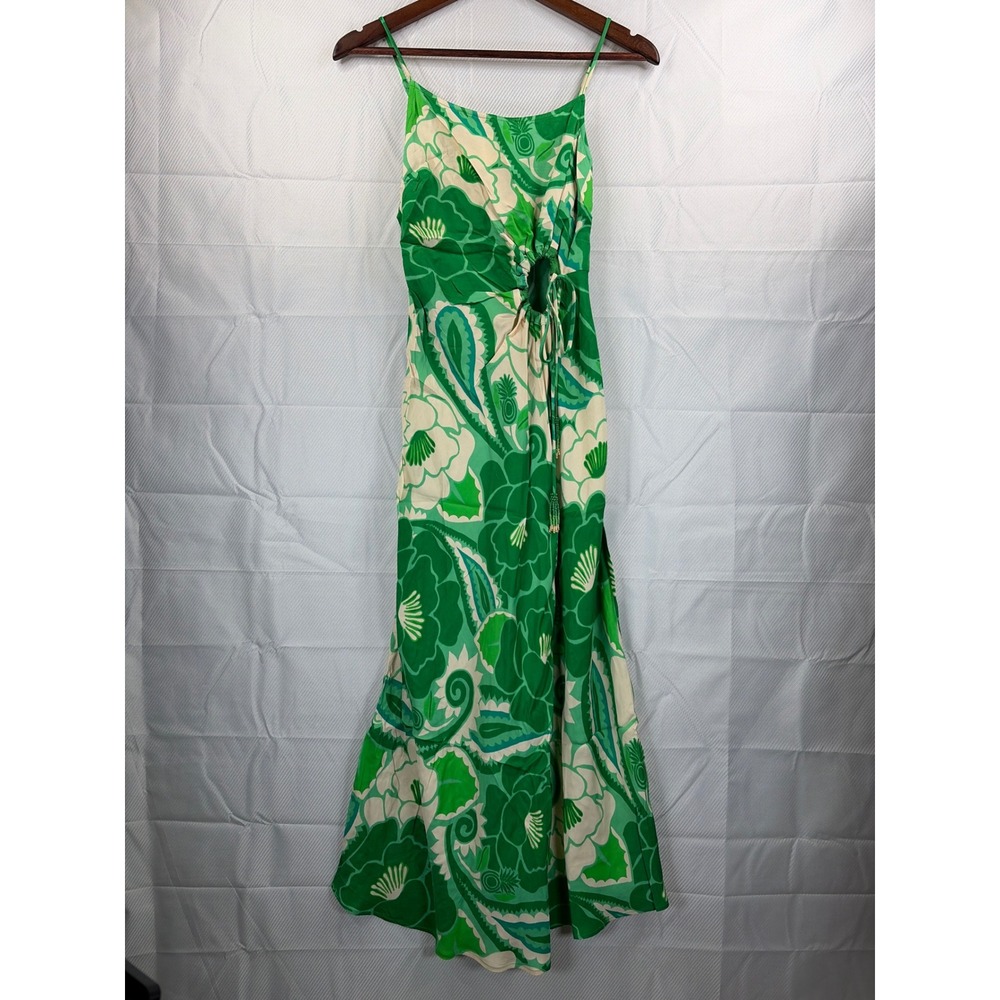 Farm Rio Green Tropical Floral Cutout Midi Dress Beaded Tassel Straps Small